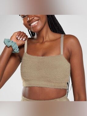 Gymshark Whitney Simmons Eyelash Cement Brown Fuzzy Bandeau Crop Cami Top Shirt